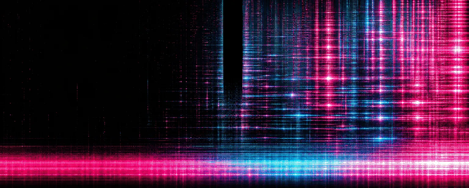 An abstract spectrogram: hundreds of fine vertical frequency bins burning in magenta and cyan on black, densest at the right and dissolving to darkness at the left, over a solid rail of low-frequency light along the bottom. One column at the centre is perfectly black, carrying no signal at all.